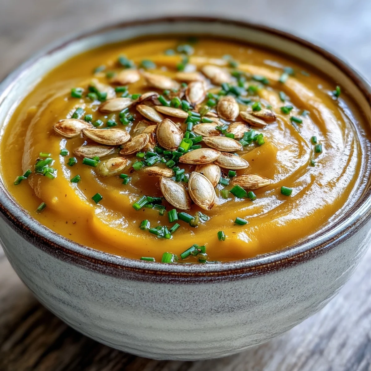 Silky smooth Acorn Squash Soup served in a rustic bowl, perfect for a cozy vegetarian meal.