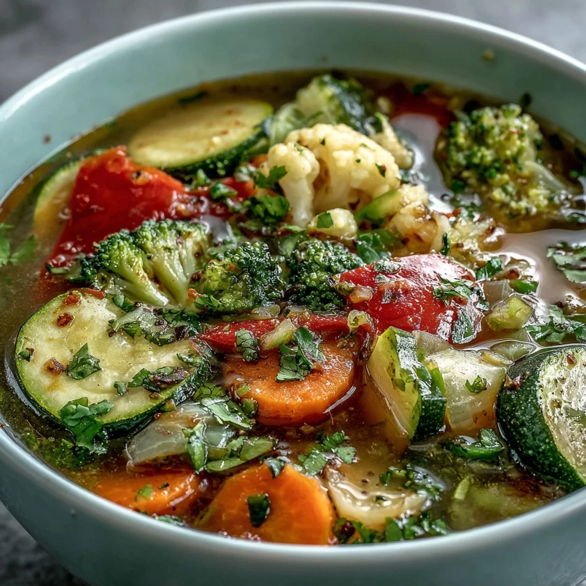 Hearty Ginger Vegetable Soup simmering in a pot, showcasing tender zucchini, celery, and red bell pepper in a rich broth.