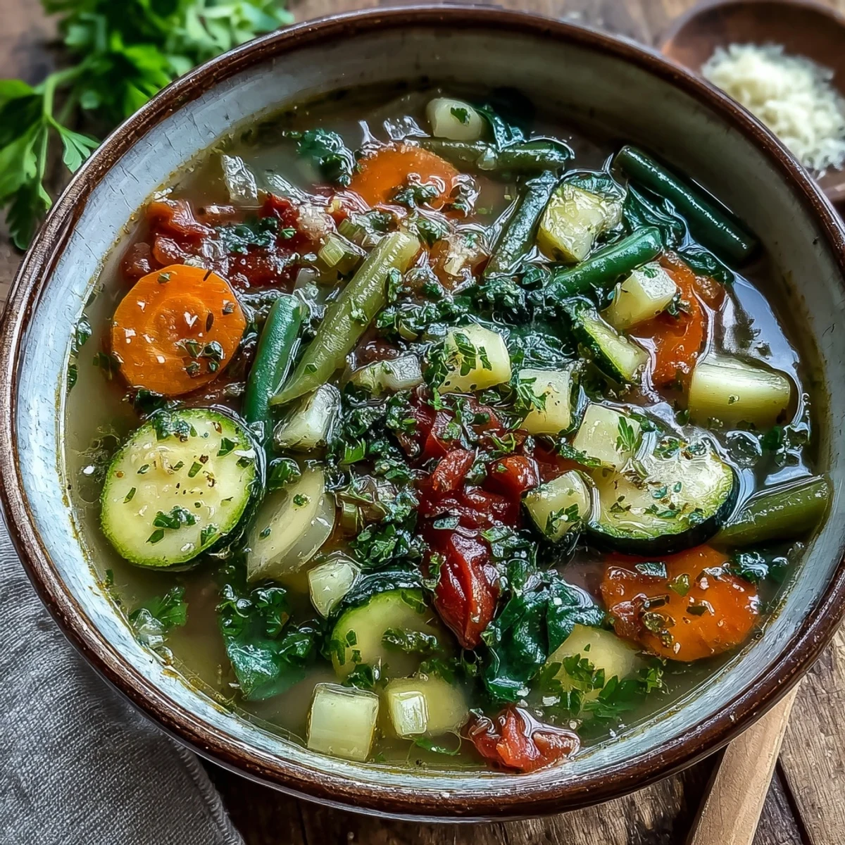Hearty Italian Herb Vegetable Soup featuring cannellini beans and leafy spinach on a wooden table.