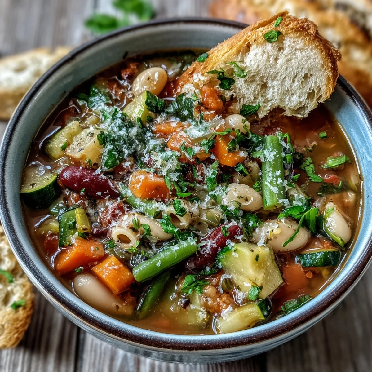 Colorful Vegetable Minestrone variation featuring seasonal vegetables, beans, and ditalini pasta steaming in a savory broth.