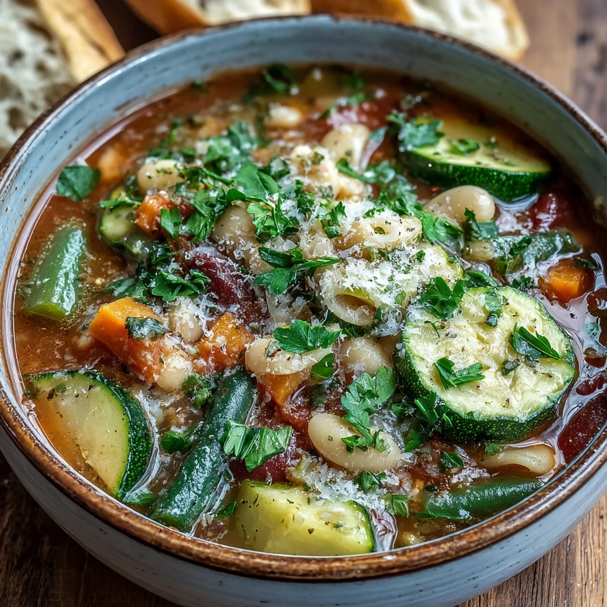 Italian Vegetable Minestrone soup with zucchini and carrots, served in a white ceramic bowl on a linen napkin.
