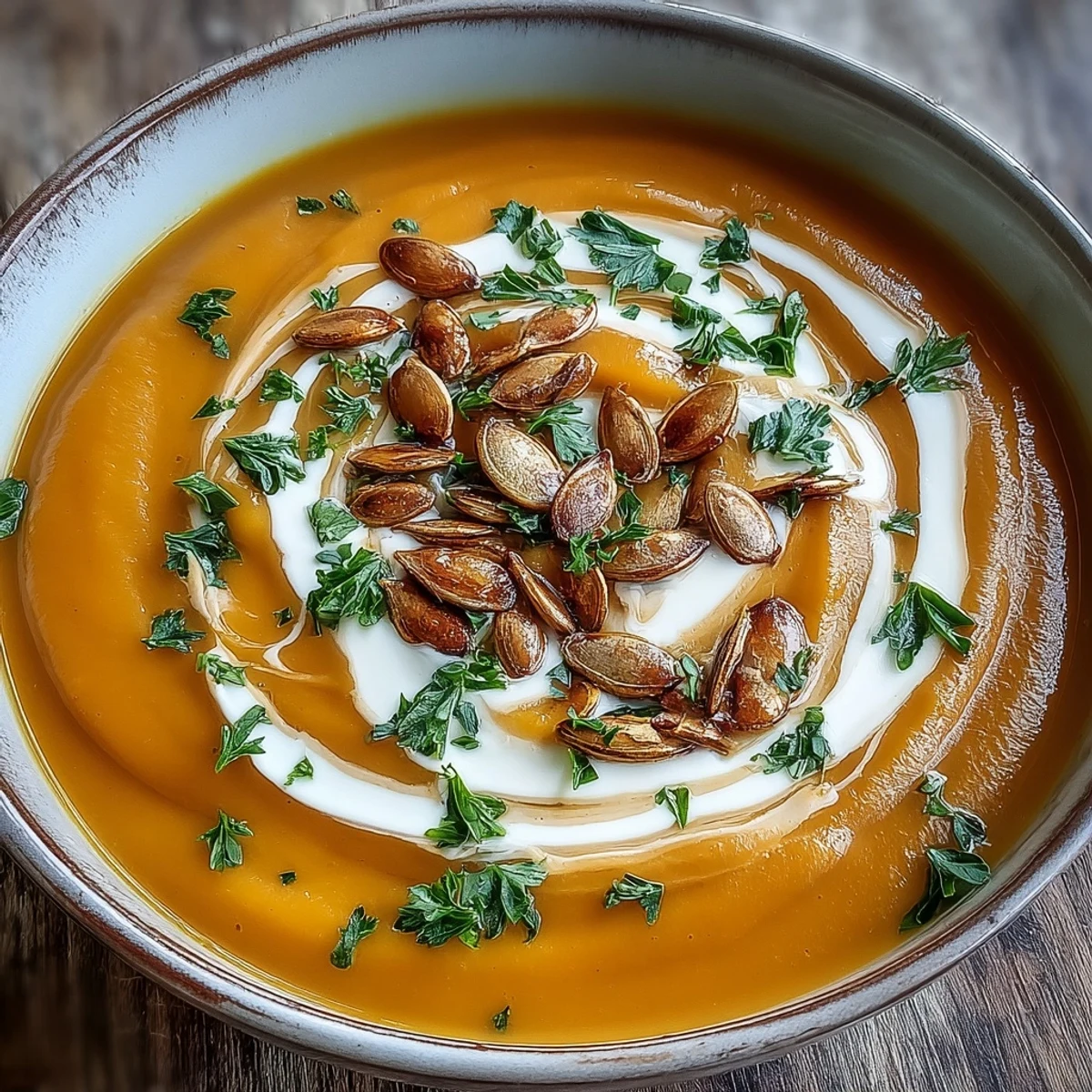 A warm bowl of creamy Pumpkin Soup garnished with toasted seeds and fresh parsley. 