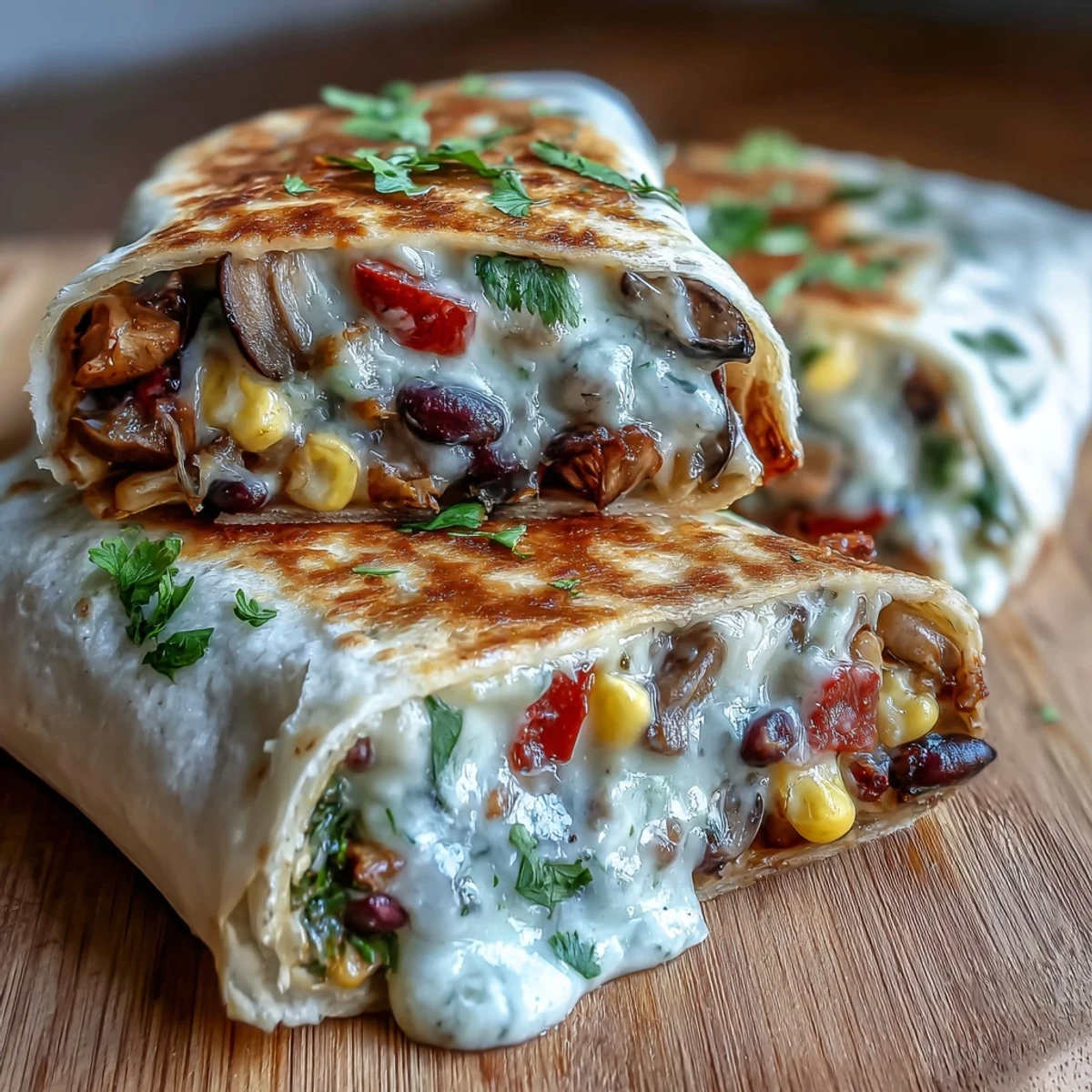 Two Veggie Burritos cut in half on a plate with avocado slices and a bowl of salsa for dipping.