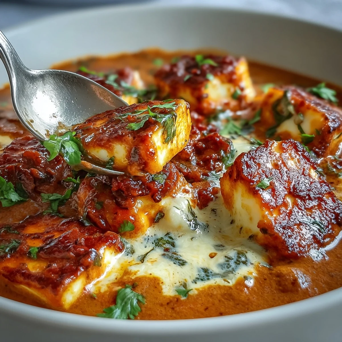 Creamy Halloumi and Tomato Curry in a white bowl, golden halloumi cubes in a rich tomato-coconut sauce, garnished with cilantro.