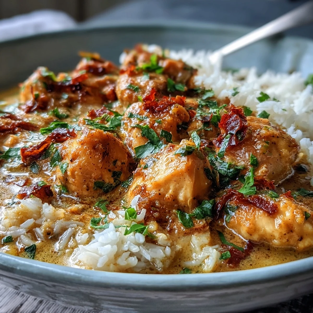 Easy Chicken Curry served in a white bowl next to warm naan bread, a spoon digging into the rich, golden sauce.