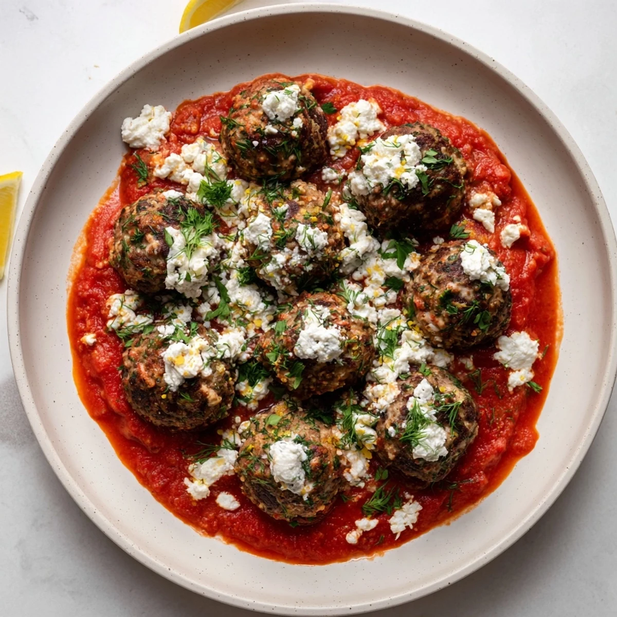 Close-up of Instant Pot Greek-Style Meatballs with lemon-feta sauce, a creamy Mediterranean delight.