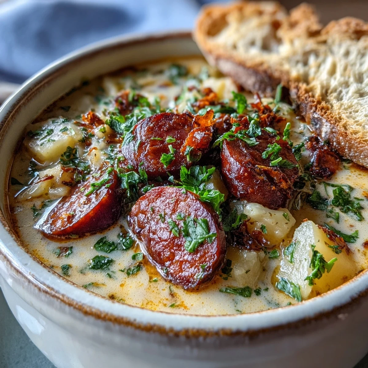 Creamy Potato, Leek and Chorizo Soup in a rustic bowl, topped with fresh parsley and reserved smoky chorizo.
