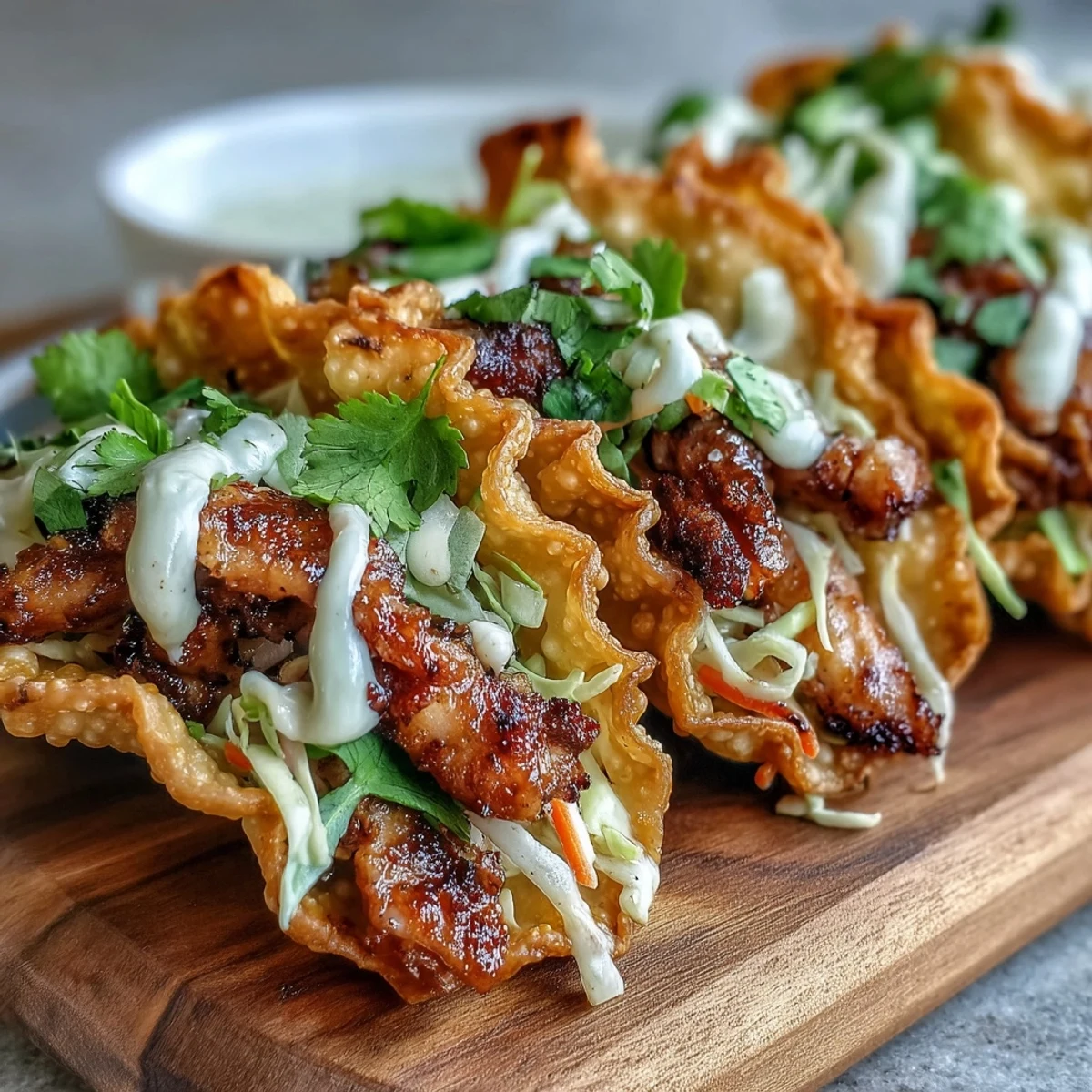 Twelve crispy wonton tacos arranged on a platter with fresh cilantro and lime wedges, ready to serve for a fun family-style meal.