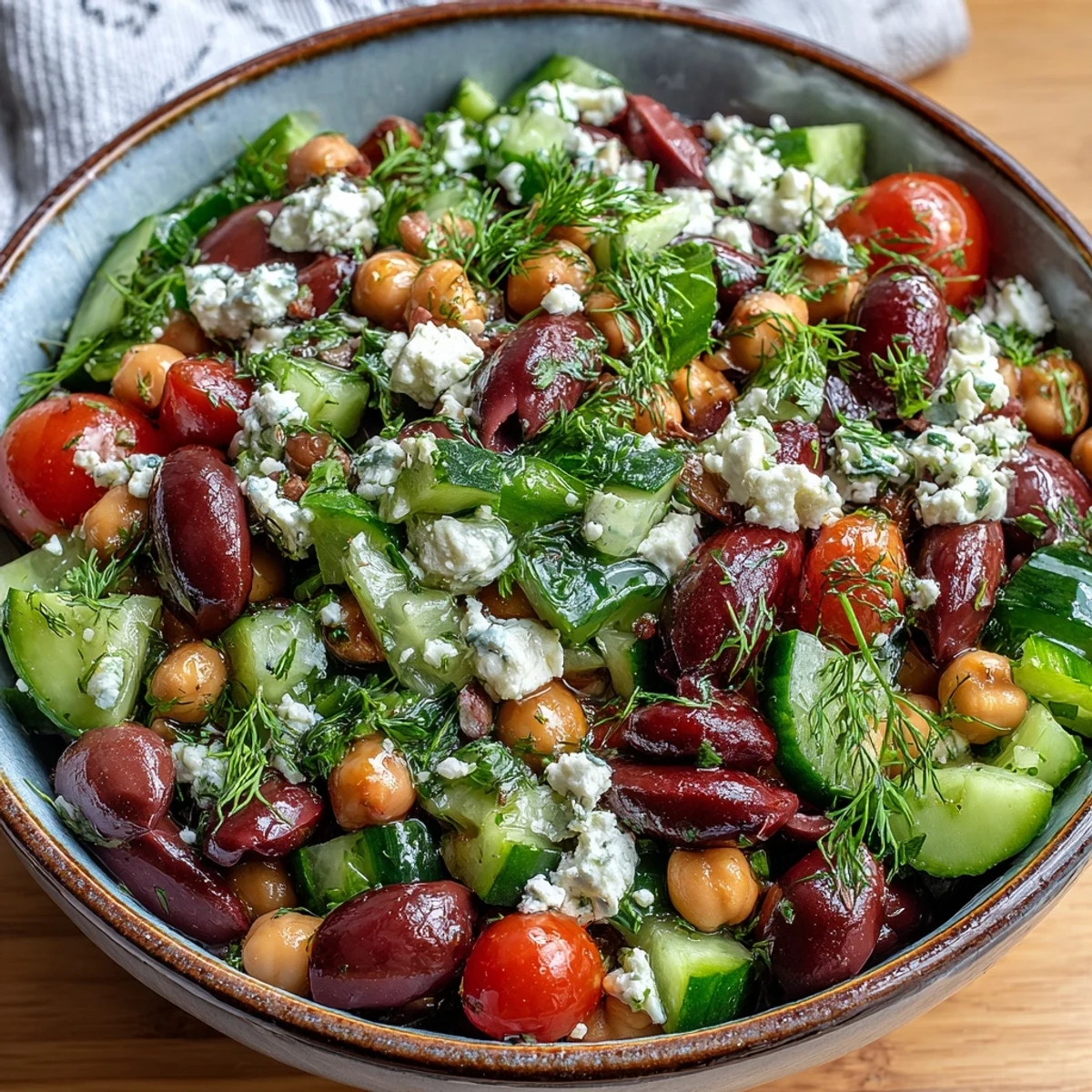 Freshly marinated Greek Bean Salad with lemon-oregano dressing, topped with creamy feta, Kalamata olives, and fresh herbs.