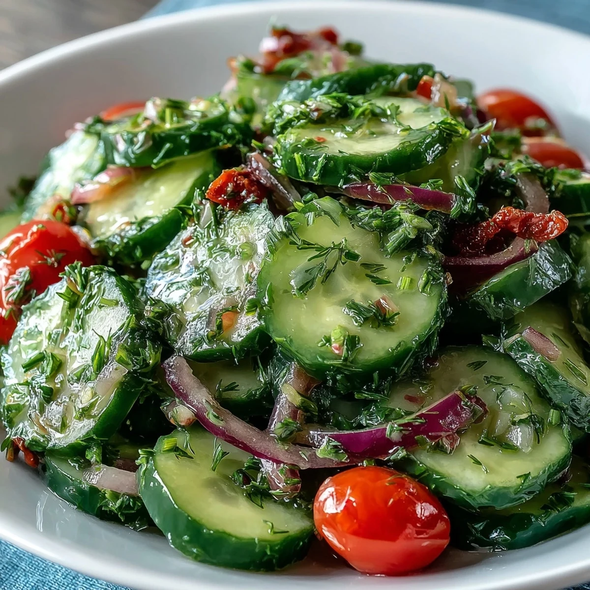 Bright serving platter of Refreshing Crunchy Cucumber Salad, garnished with herbs, perfect alongside grilled chicken or fish tacos.