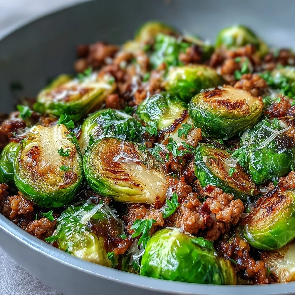 Golden-brown Brussels sprouts and savory ground turkey sizzle in a skillet, garnished with fresh parsley and Parmesan.