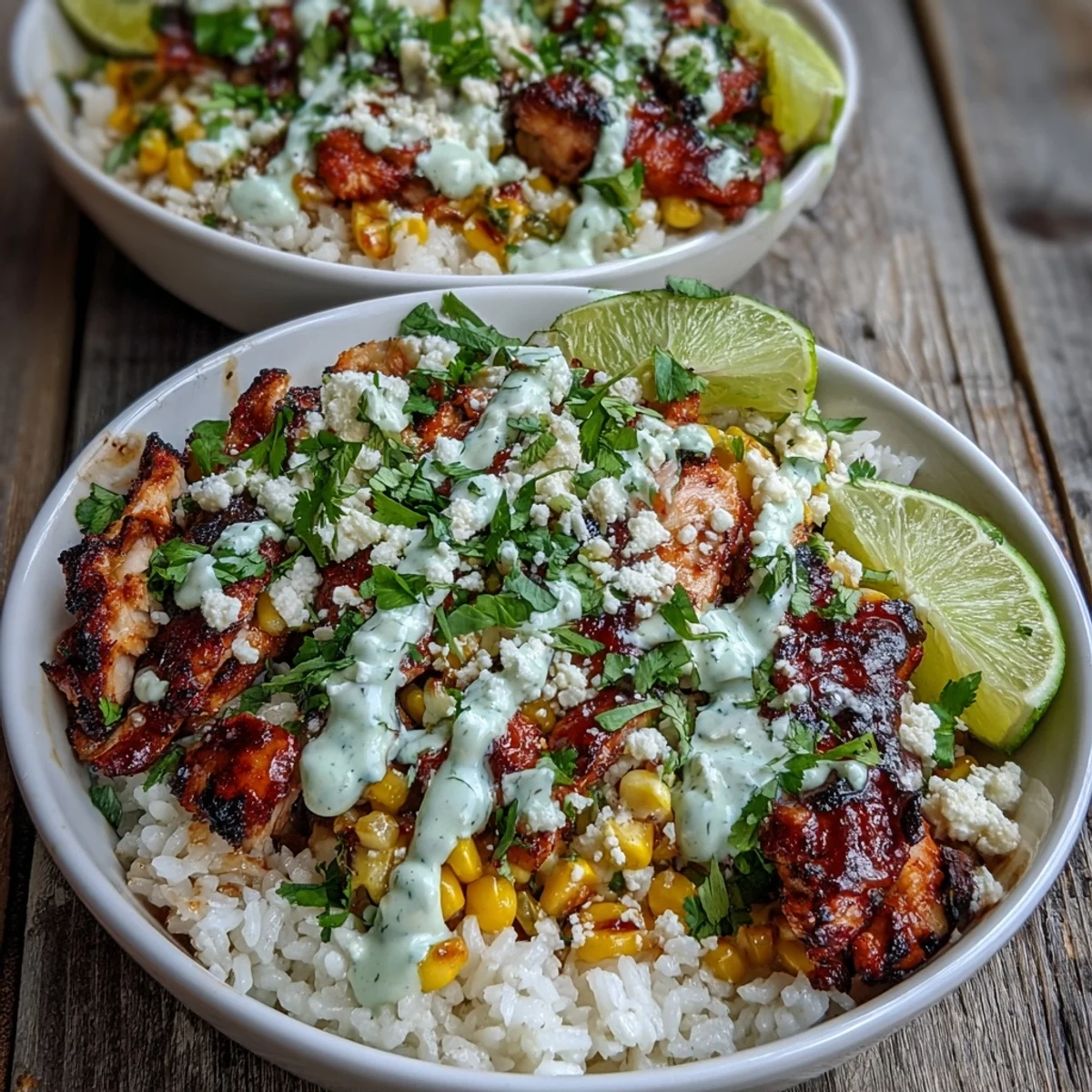 A vibrant bowl featuring citrus-marinated chicken, smoky charred corn, and creamy street corn sauce, perfect for a flavorful weeknight Mexican-inspired dinner.
