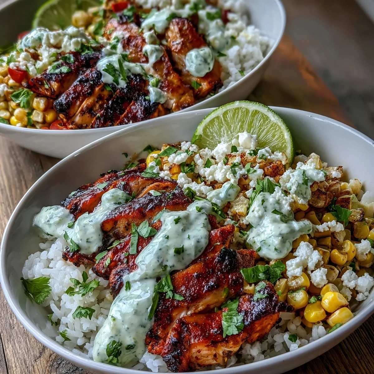 Deconstructed Street Corn Chicken and Rice Bowls garnished with fresh cilantro, jalapeños, and lime wedges, showcasing a delicious mix of textures and spices.