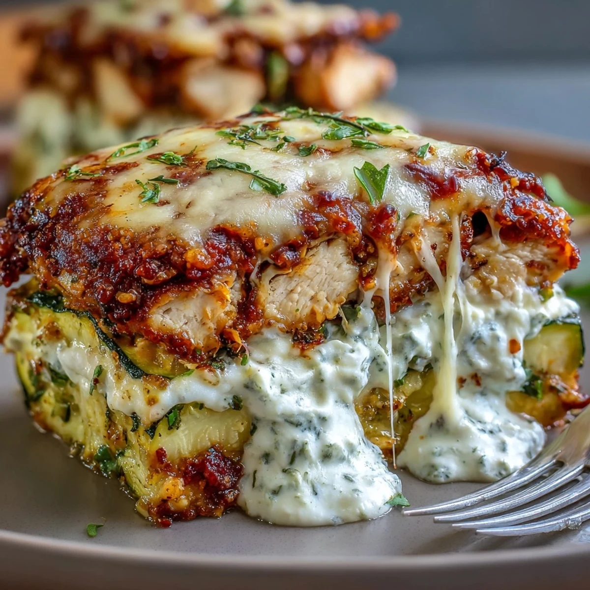 Freshly baked High Protein Chicken Zucchini Casserole ready to serve, garnished with bright green parsley and a slice cut open.