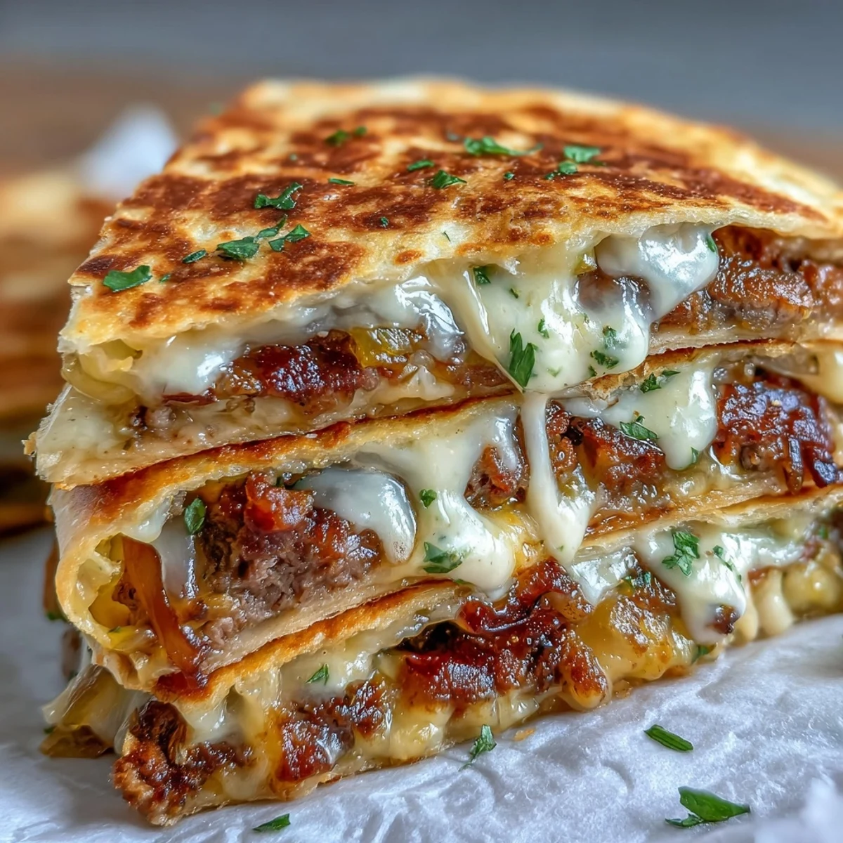 Golden-brown Cheesy Griddled Smashburger Quesadillas on a cutting board, layered with melted cheddar and American cheese.