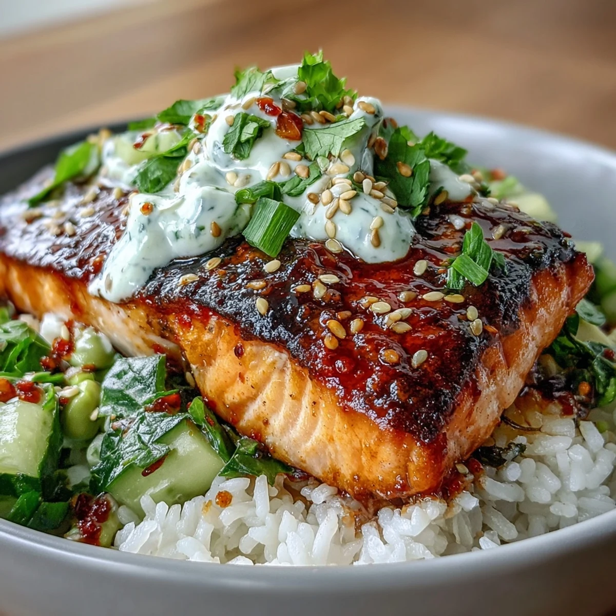 Serving suggestion for Bang Bang Salmon Bowl: juicy salmon atop rice with sesame seeds and lime wedges.