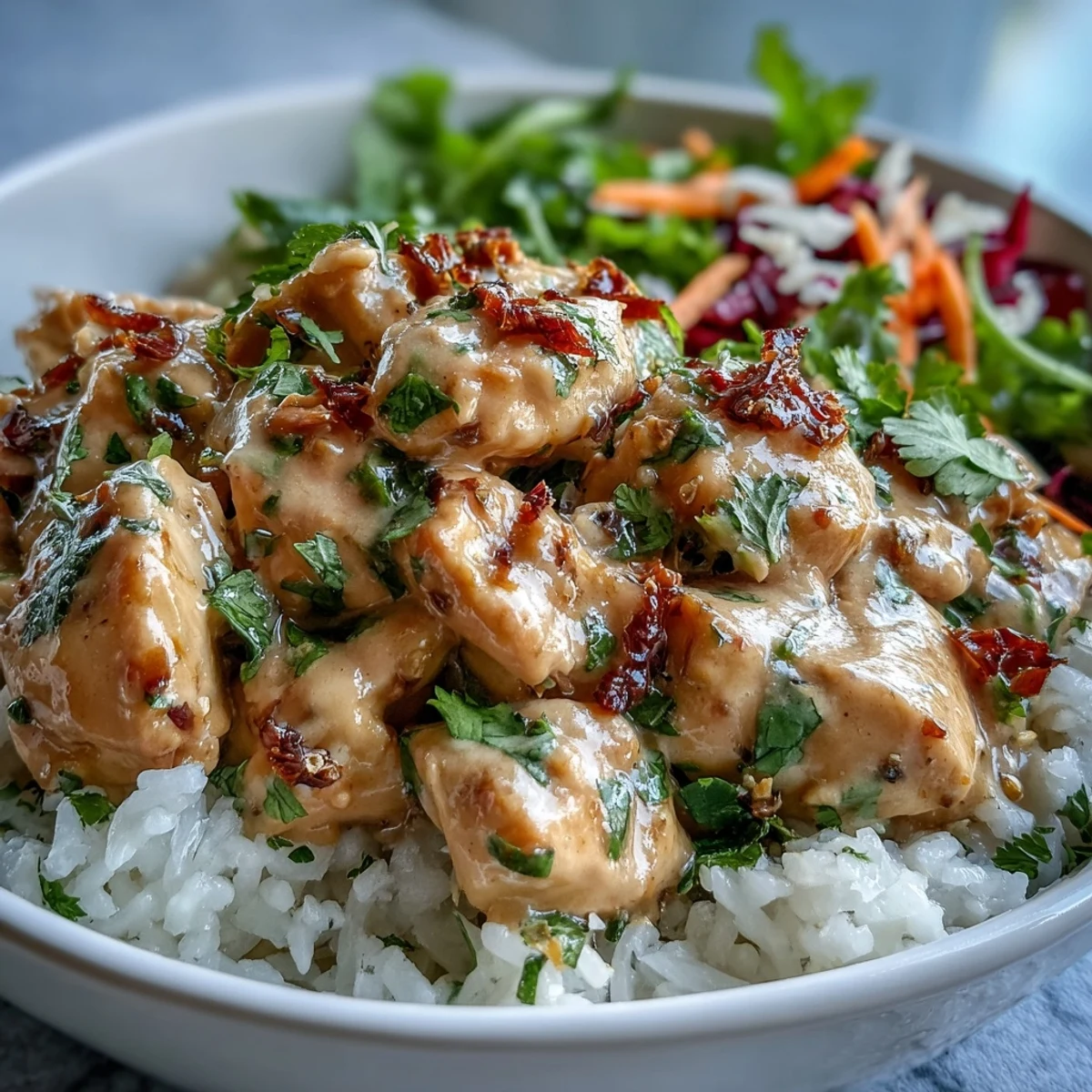Sliced red cabbage, shredded carrots, and fresh cilantro add crisp texture and color to the high-protein meal.