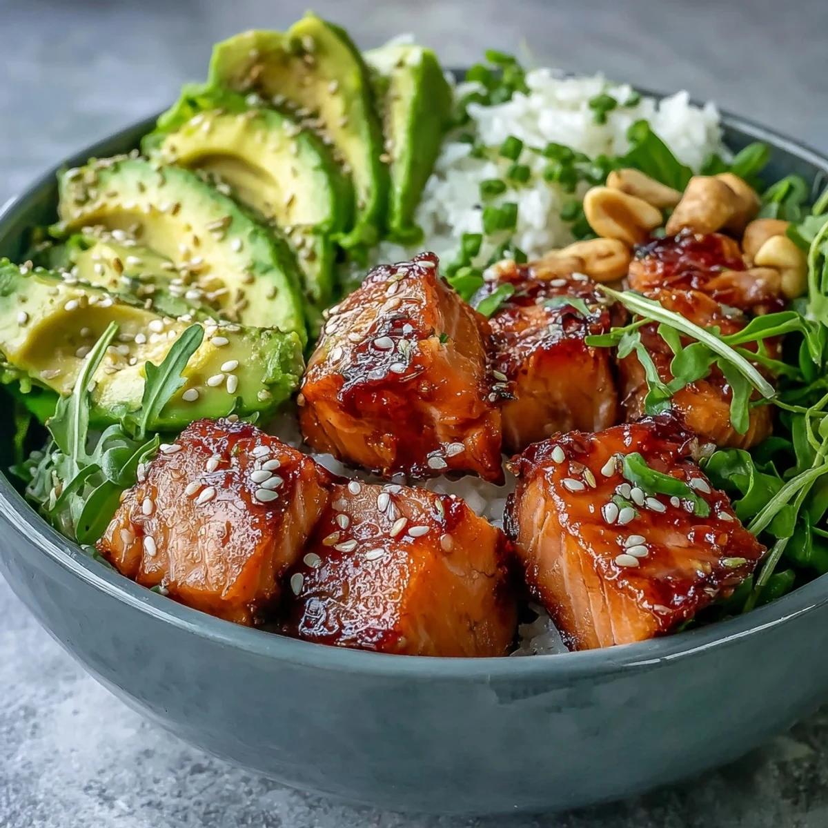 A vibrant Avocado Salmon Bowl with fluffy rice, tender salmon cubes, creamy avocado slices, and a crunchy peanut topping, drizzled with chili oil.