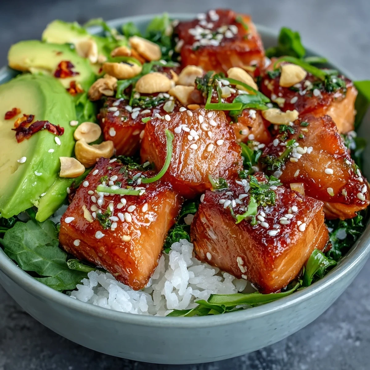 Colorful Avocado Salmon Bowl garnished with nori strips, sesame seeds, and cilantro, showcasing a delicious fusion of salmon, avocado, and spicy chili oil.
