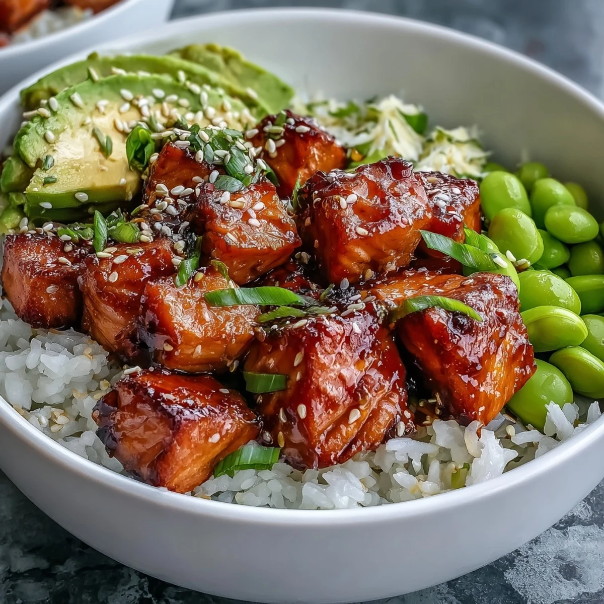 Spicy sriracha mayo drizzles over a fresh Salmon Rice Bowl garnished with sesame seeds and green onions.