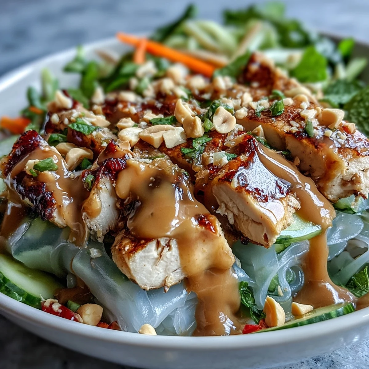 A deconstructed Rice Paper Roll Bowl showcases silky rice paper shards piled over crisp veggies and grilled chicken.