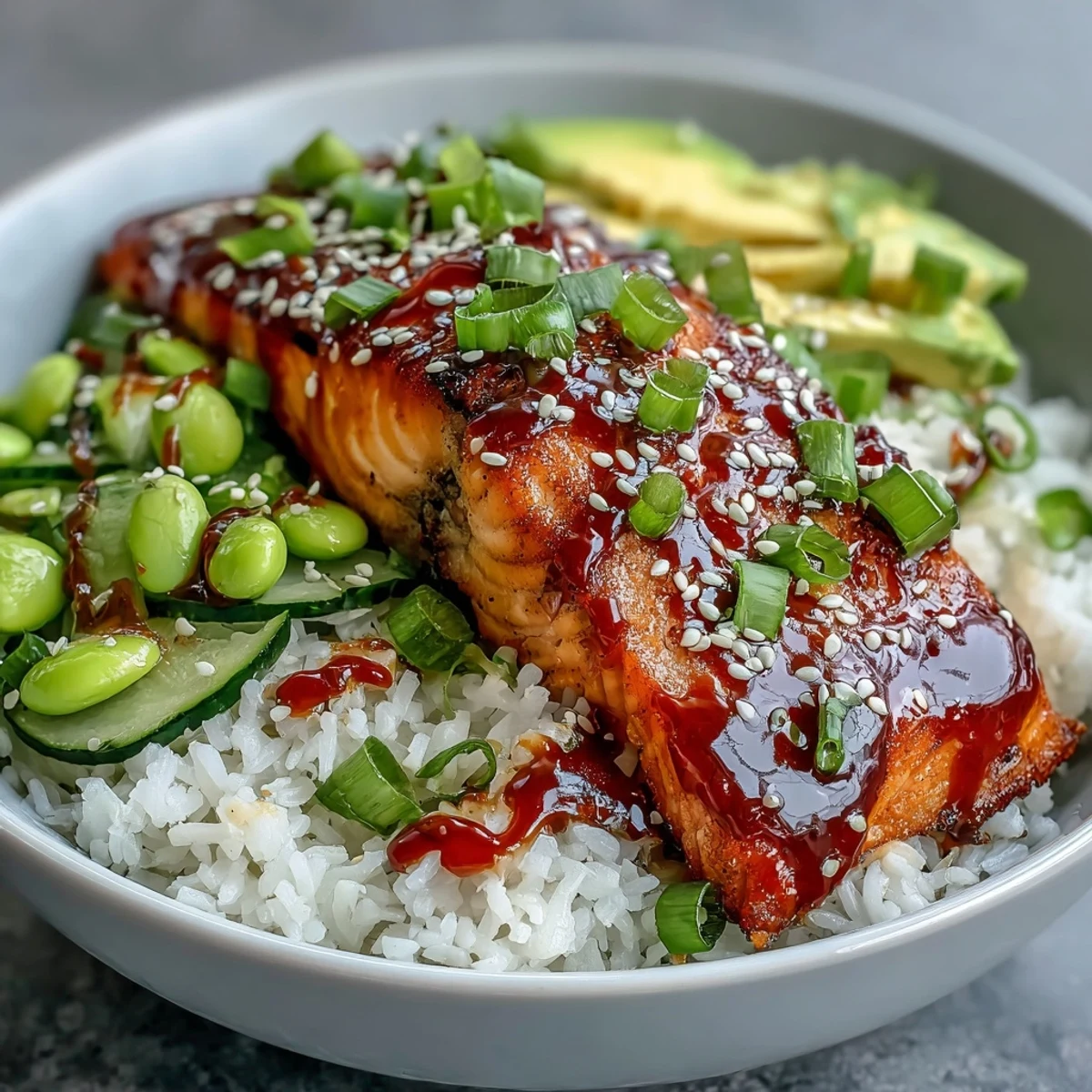 Fluffy jasmine rice topped with glazed Honey Sriracha Salmon, edamame, cucumber, avocado, and drizzled sriracha mayo.