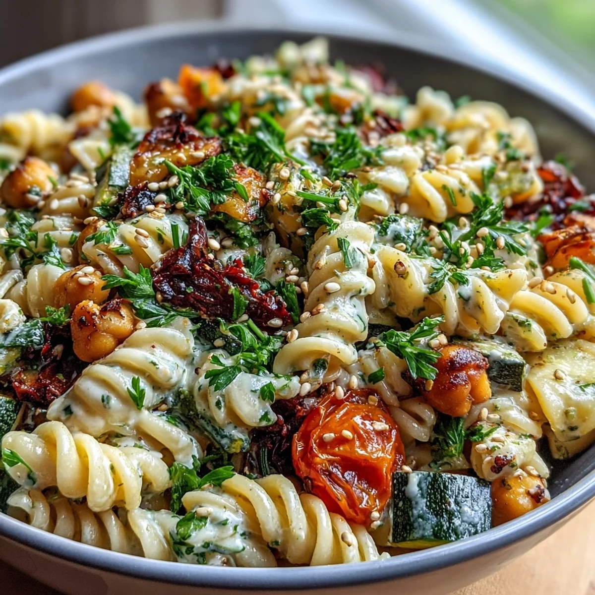 Roasted red bell pepper and zucchini sit atop a hearty Chickpea Pasta Bowl with creamy tahini sauce.