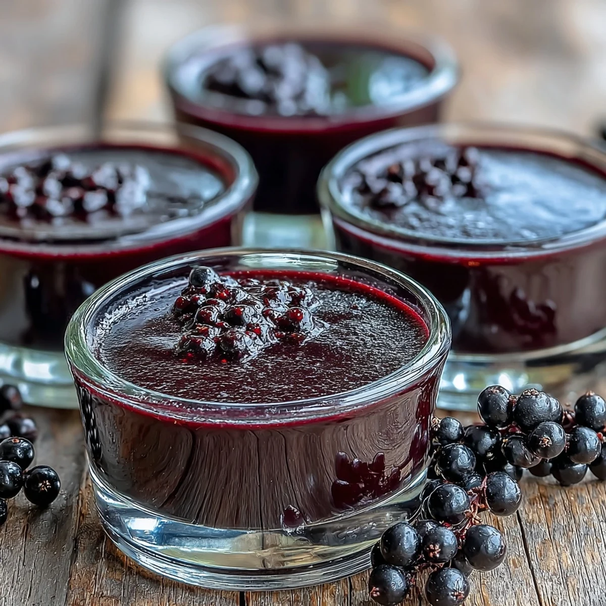 Creamy Black Currant Panna Cotta with glossy berry glaze in a glass ramekin.