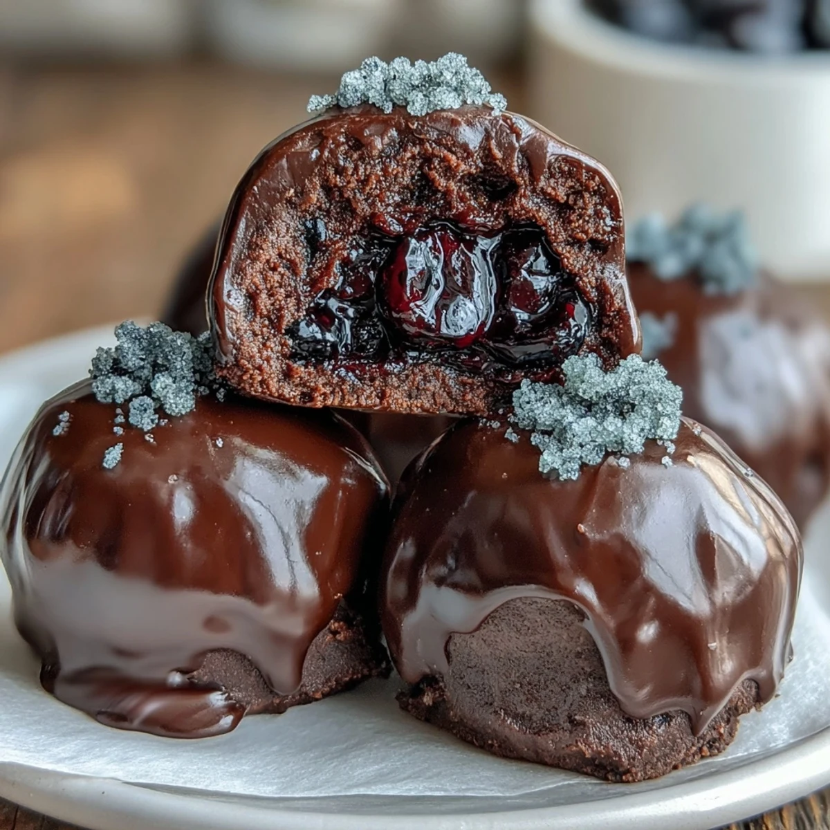 Glossy Black Currant Chocolate Truffles dusted with cocoa powder on a rustic wood board.