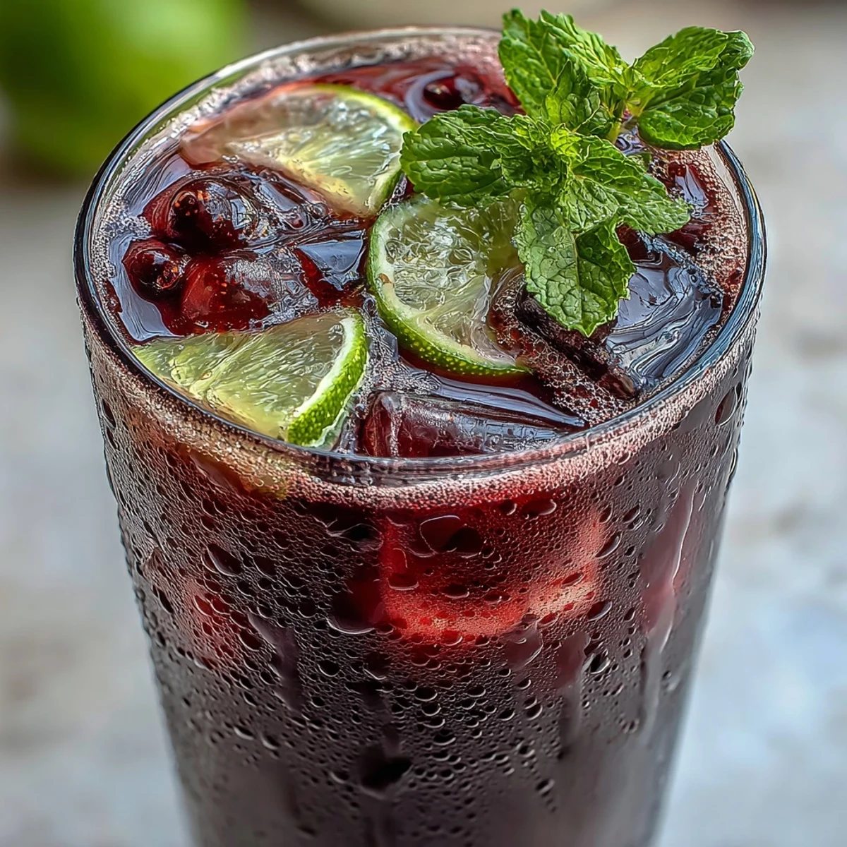 Tall glasses of vibrant Black Currant Mocktail filled with ice, topped with fresh mint and lime slices.