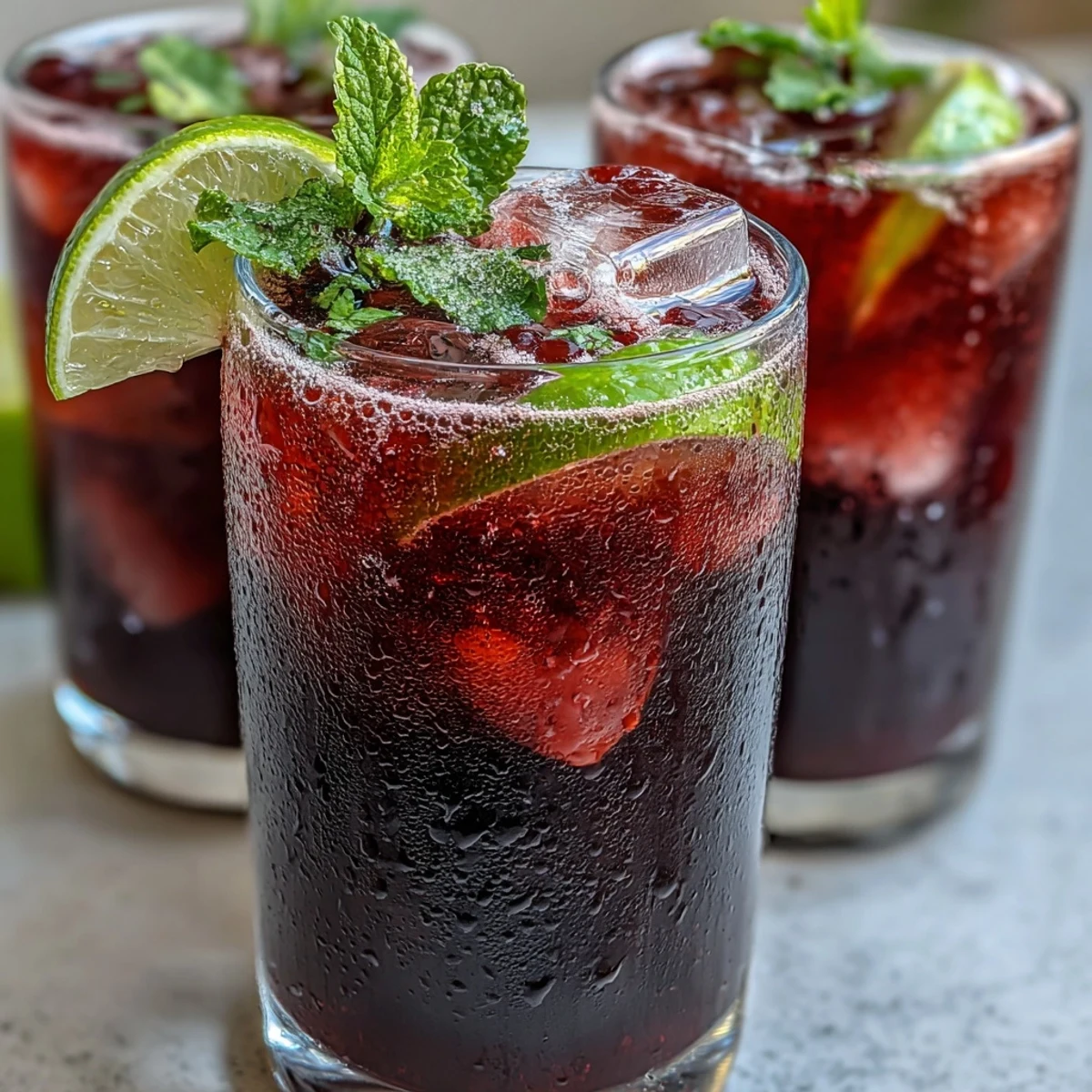 Chilled Black Currant Mocktail featuring deep purple juice, sparkling water, and a refreshing mint garnish ready to serve.