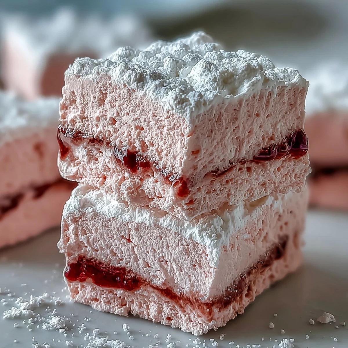 Close-up shot of pillowy soft Black Currant Marshmallows with a vibrant purple hue, revealing their fluffy texture.