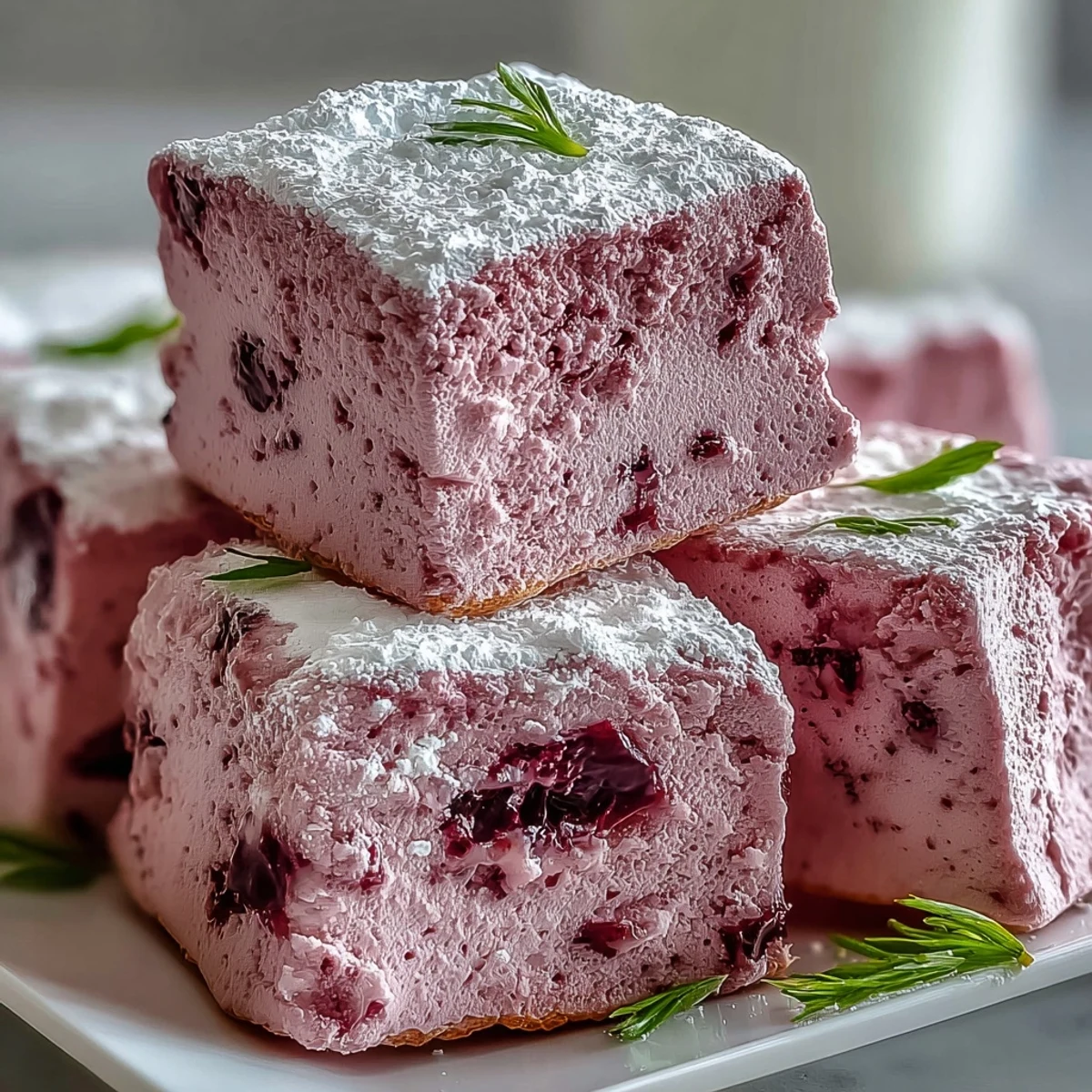 Stack of homemade Black Currant Marshmallows on a plate, perfect for pairing with a steaming mug of hot cocoa.