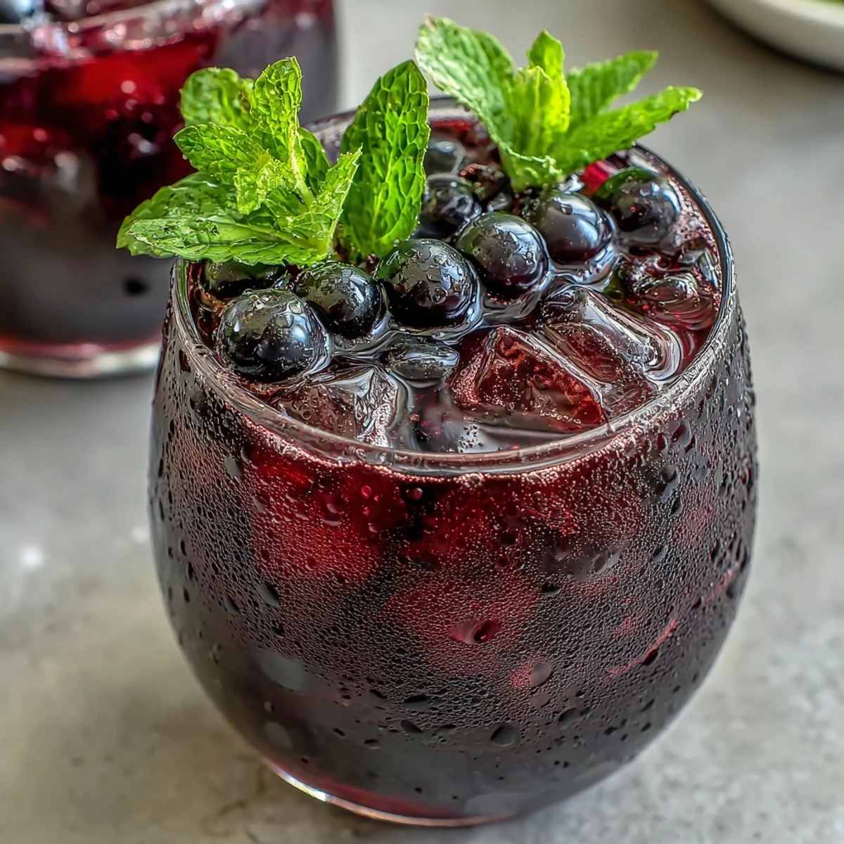 A glass of Sparkling Black Currant Mocktail with fresh berries and mint, poured over ice for a refreshing summer beverage.