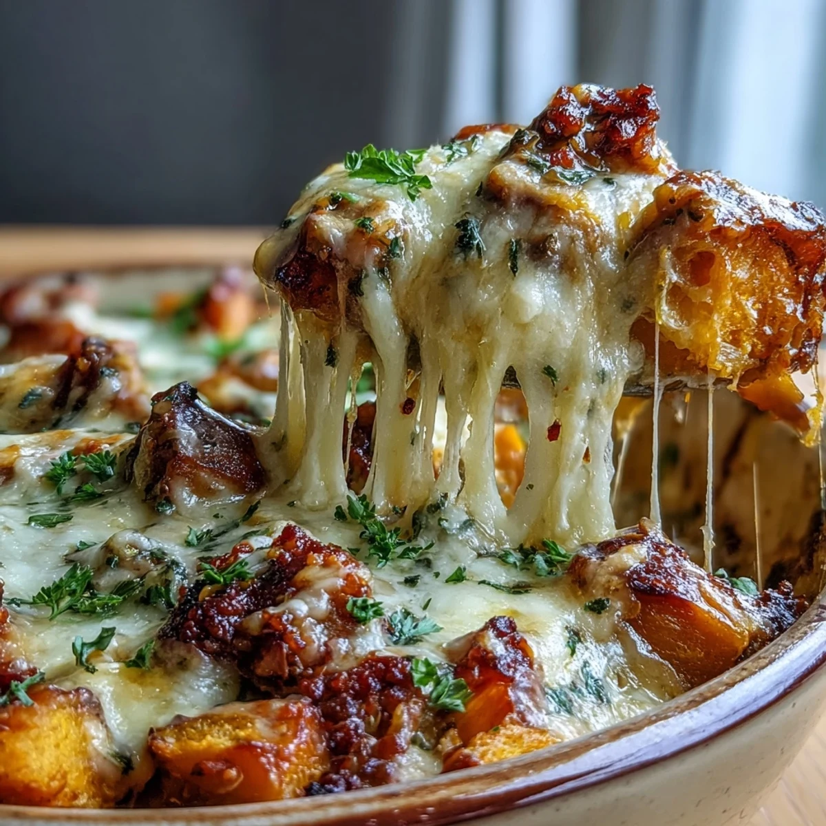 Bubbling cheese crust on the Cozy Butternut Squash & Sausage Casserole, served hot from the oven with a golden finish.