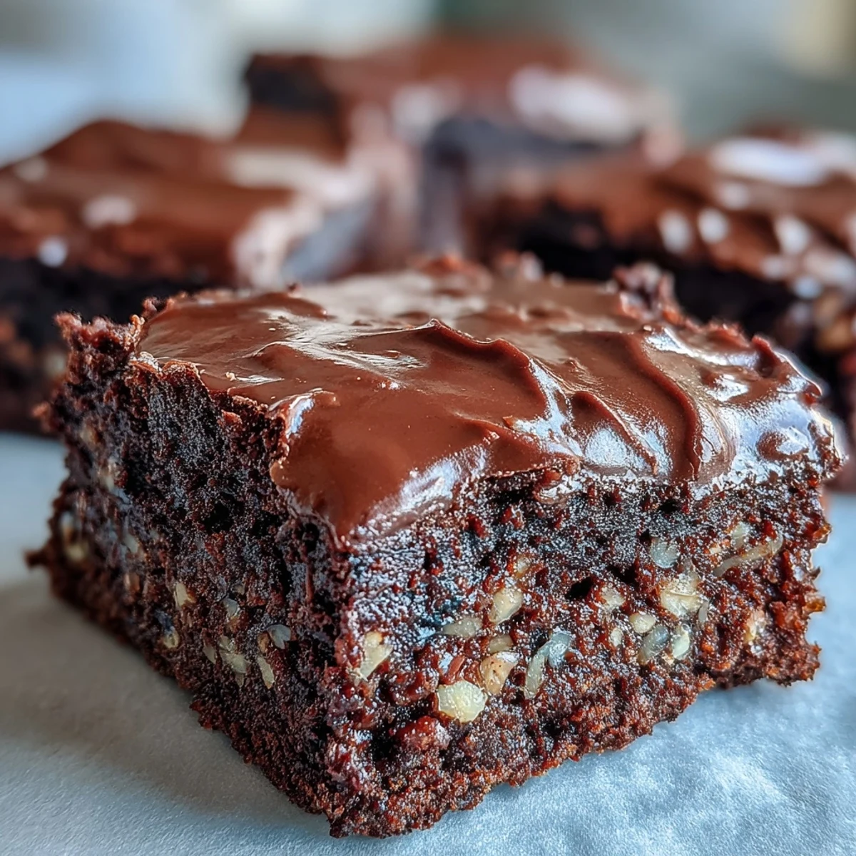 Freshly baked Greek Yogurt Brownies on parchment paper, showing a fudgy texture with chocolate chips melting on top.