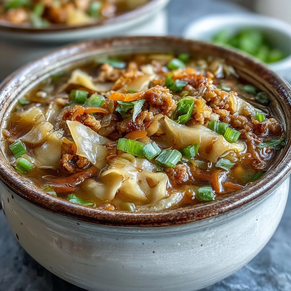 A steaming bowl of Cozy One-Pot Egg Roll Soup with Green Onions and Ginger garnished with fresh scallions.