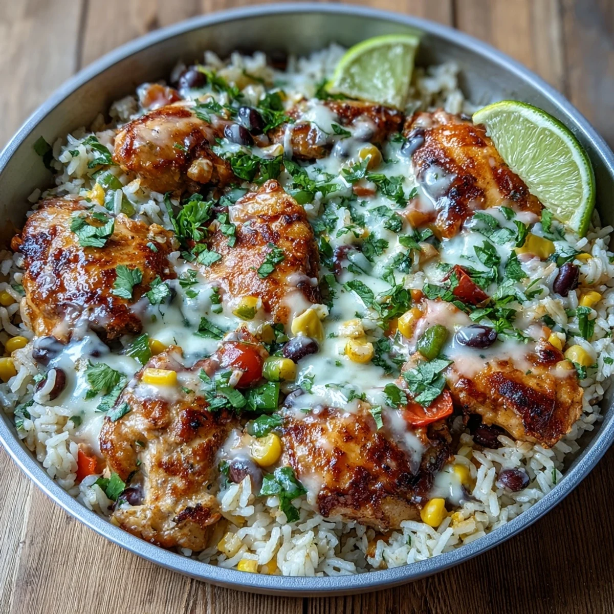 Juicy seared chicken breasts in a bed of Mexican rice with corn, beans, and queso blanco, garnished with cilantro for a gluten-free weeknight meal.
