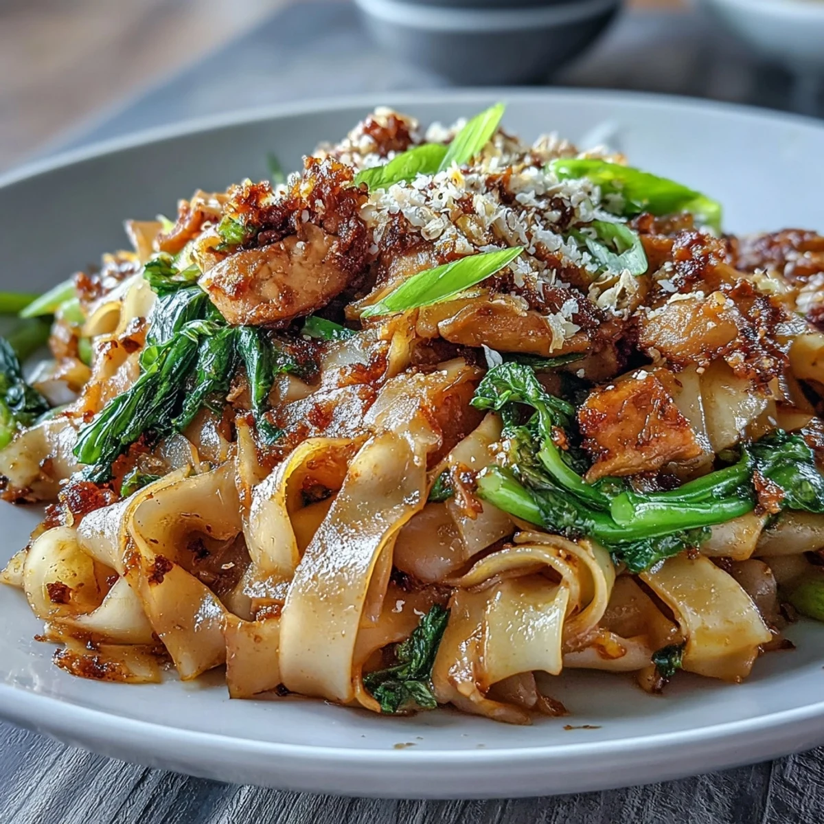 A close-up of Authentic Thai Pad See Ew stir-fry, highlighting caramelized noodles and fresh green gai lan on a dinner plate.