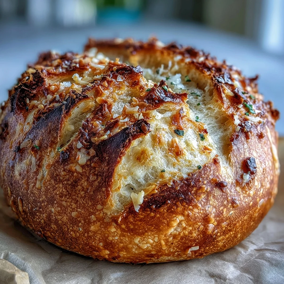 Freshly baked Perfect Parmesan Garlic Artisan Bread on a wooden board, surrounded by soup, a salad, and a small dish of olive oil.