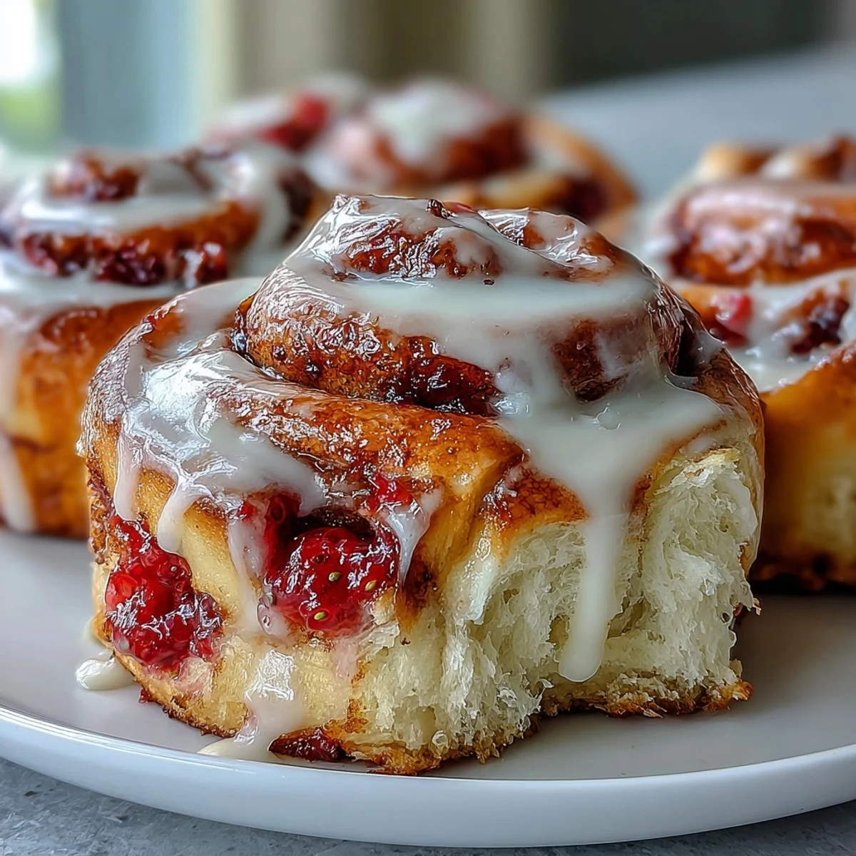 Freshly baked Strawberry Cinnamon Rolls with a sweet glaze, served warm on a rustic plate.