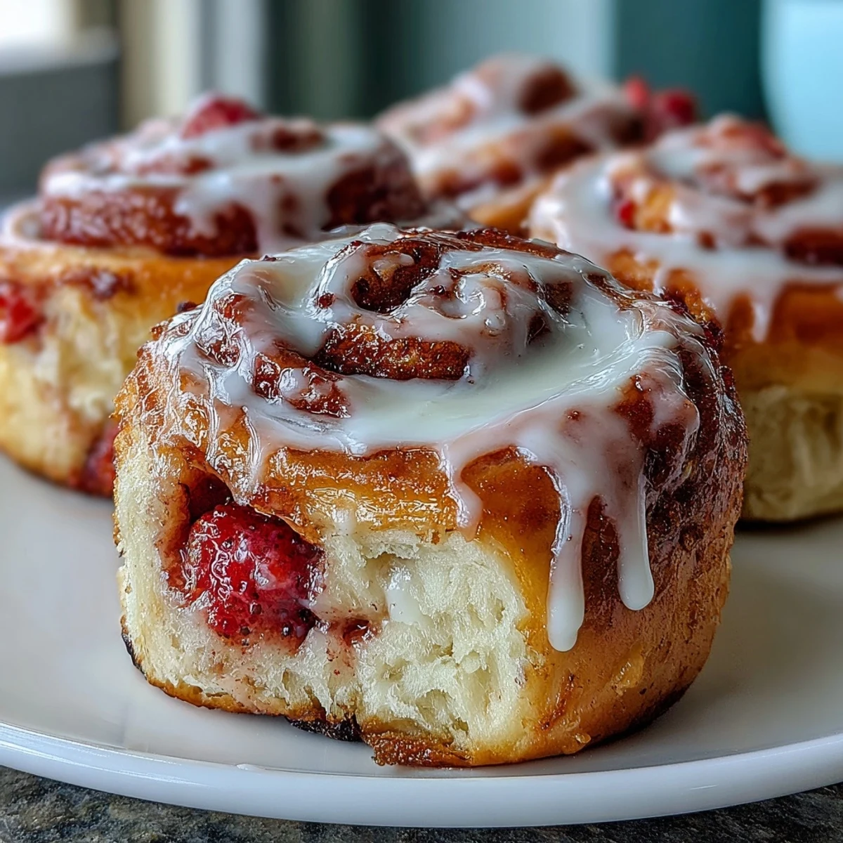 Gooey Strawberry Cinnamon Rolls being drizzled with rich cream cheese frosting on a marble counter.