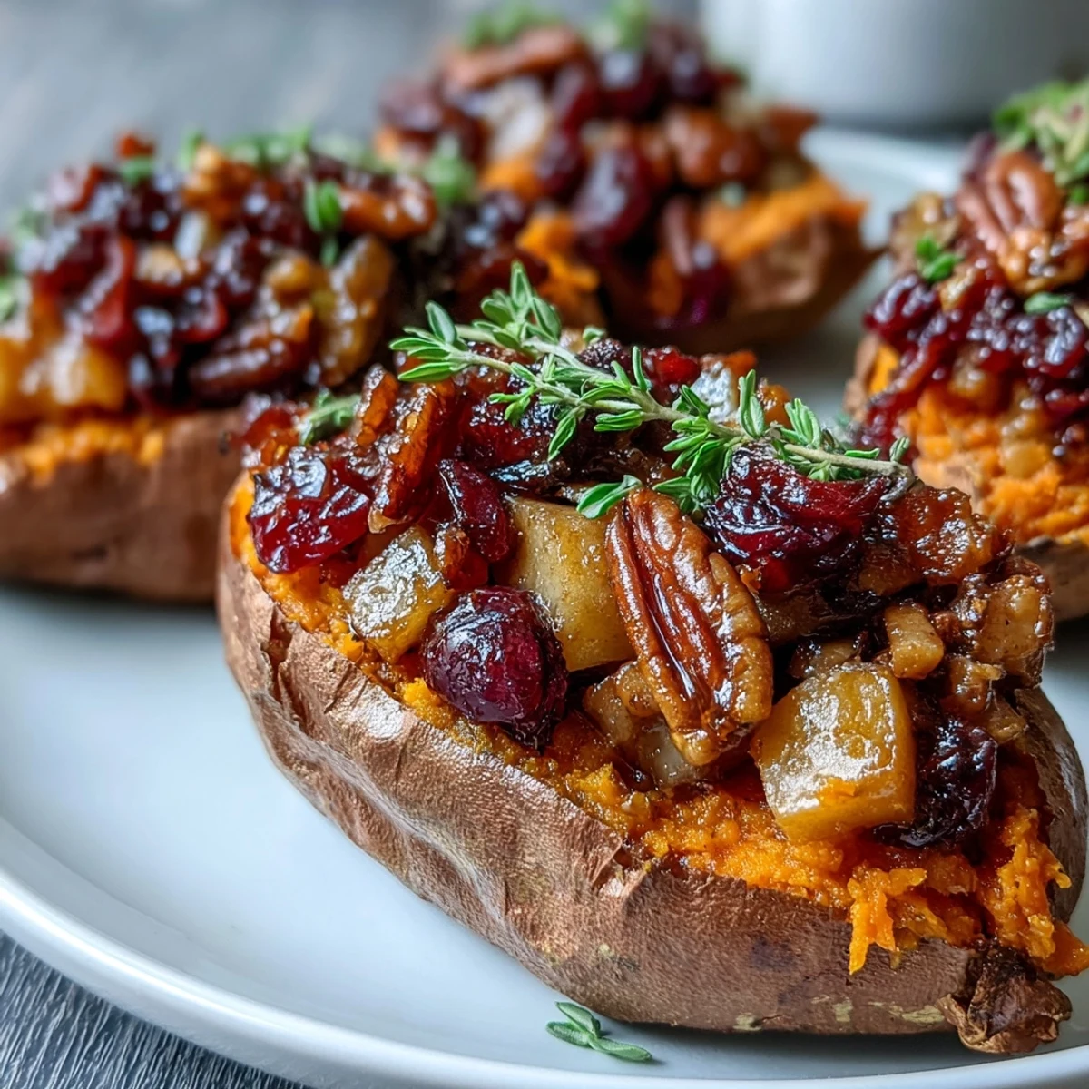 Golden-brown Cranberry Apple Twice Baked Sweet Potatoes topped with toasted pecans and fresh thyme.