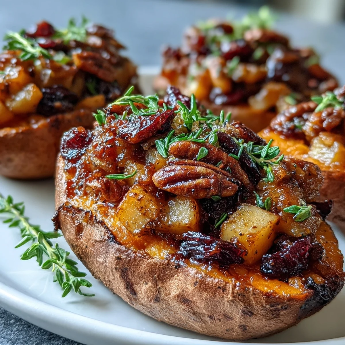 Freshly baked Cranberry Apple Twice Baked Sweet Potatoes served warm with a drizzle of maple syrup.