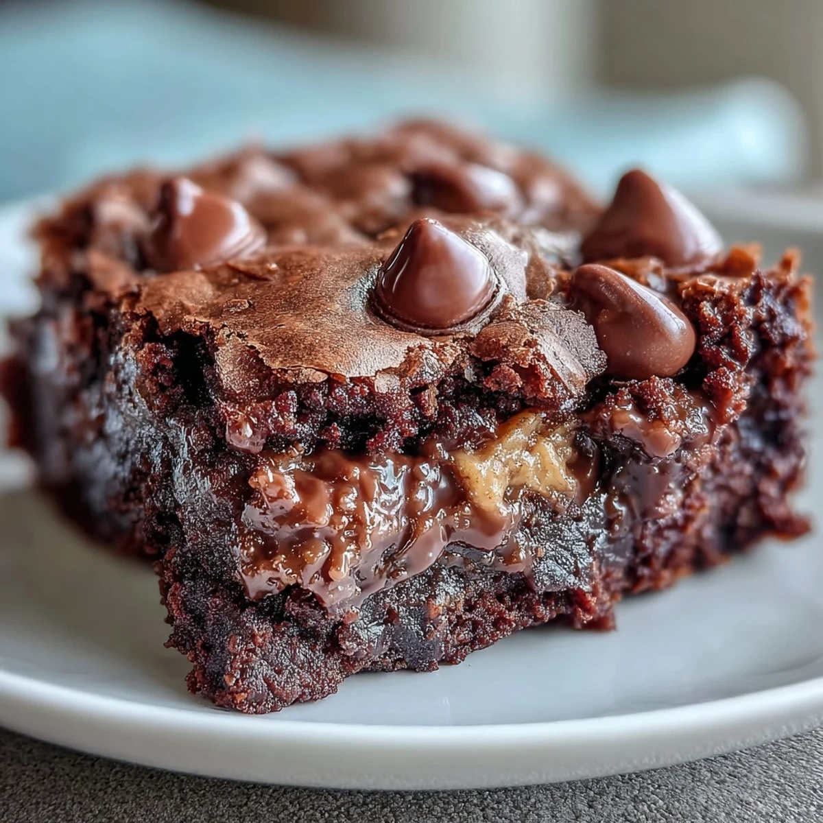 Freshly baked Rich Peanut Butter Cup Dump Cake with melted peanut butter and chocolate layers, gooey peanut butter cups and chocolate chips on top.