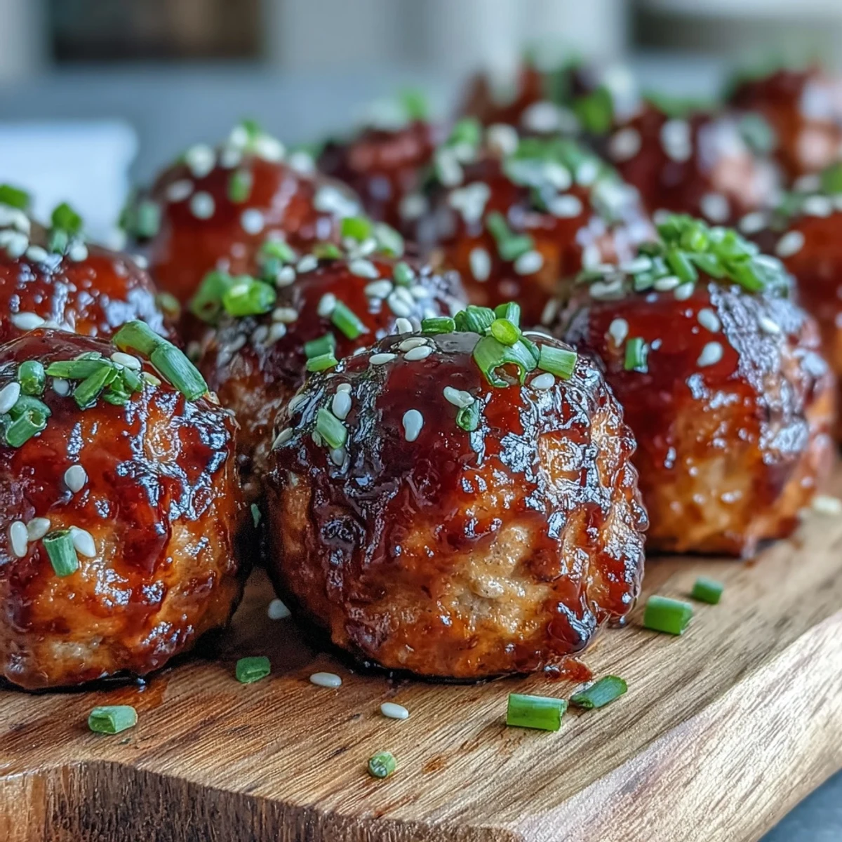 Dairy-free Spicy Chili Honey Turkey Meatballs arranged on a serving platter with a small bowl of extra glaze for dipping.