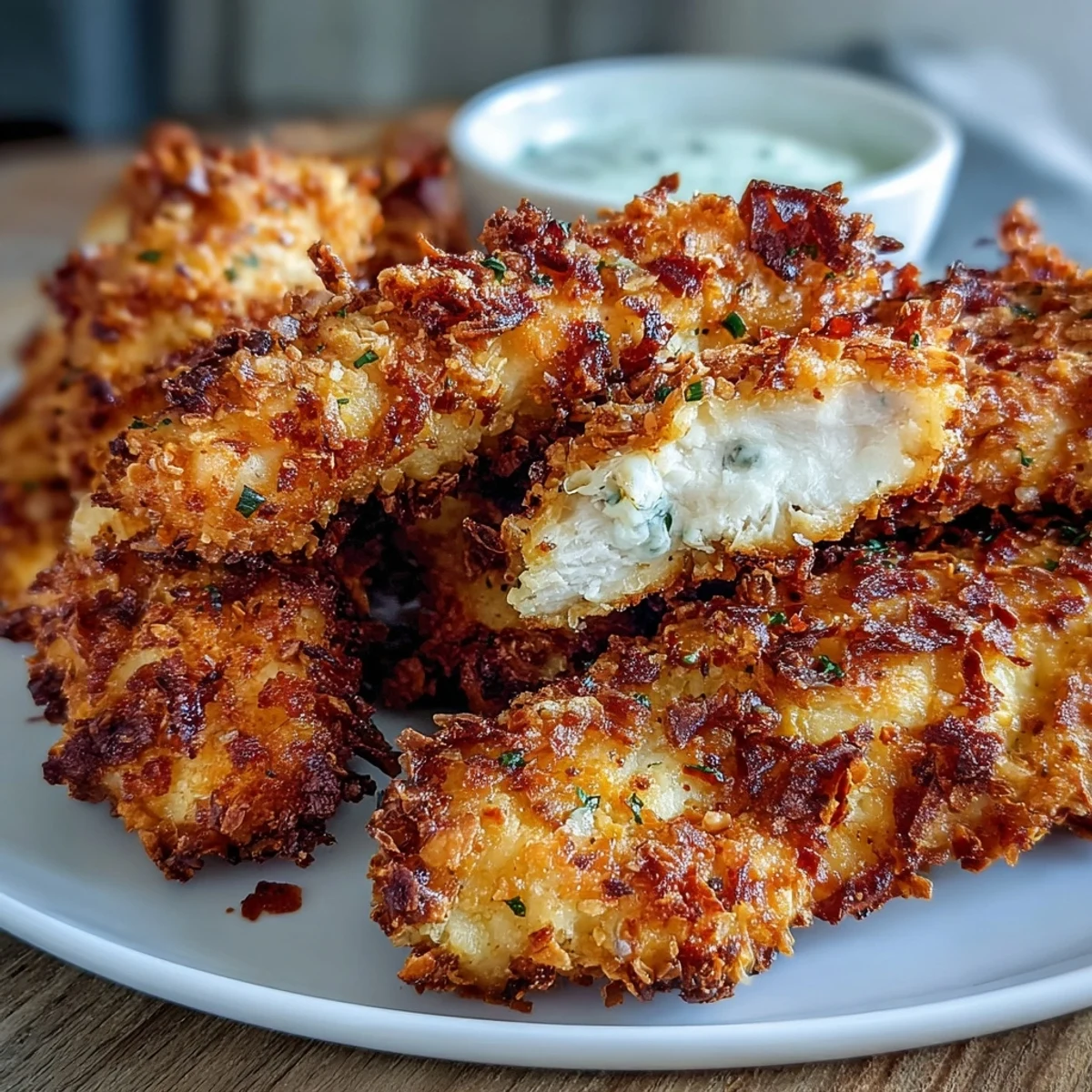 Family-style dinner platter with Crispy Panko Ranch Chicken Tenders, fresh parsley garnish, and ramekins of dipping sauce.