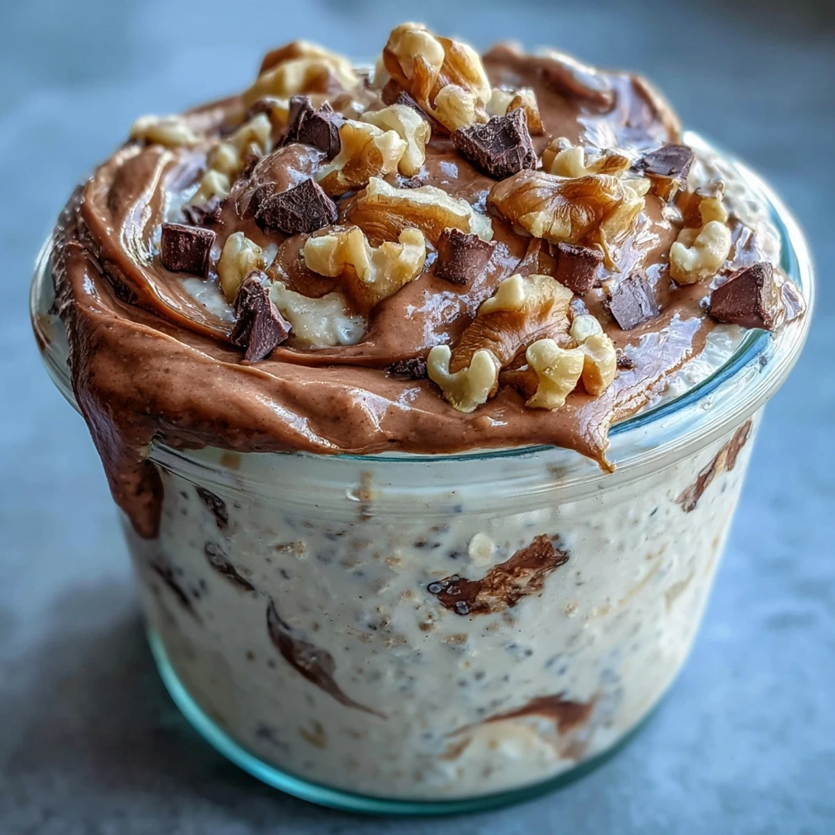 Chunky Monkey Protein Overnight Oats layered in a glass jar with sliced bananas, chopped walnuts, and chocolate chips, ready to eat.