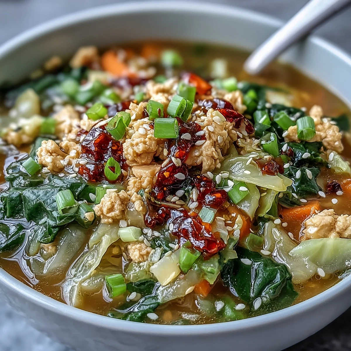 Steaming Egg Roll Soup with Chicken & Cabbage in a rustic bowl, topped with vibrant green onions and a spoonful of spicy chili crisp.