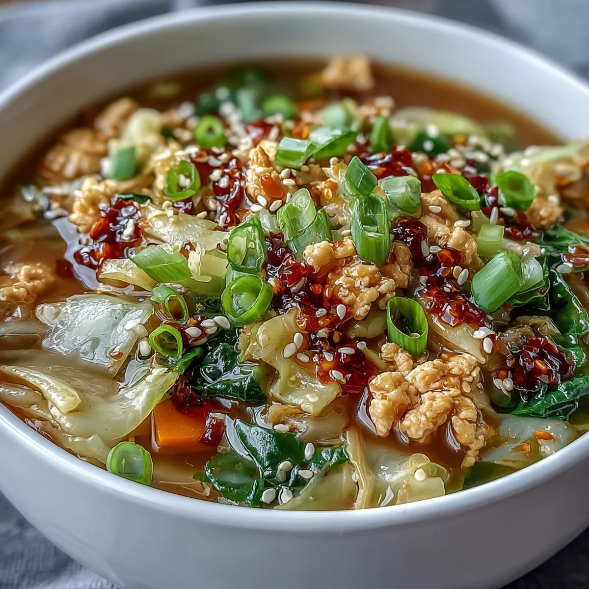 Ladle of savory Egg Roll Soup with Chicken & Cabbage, featuring tender cabbage, carrots, and ground chicken simmered in aromatic broth.